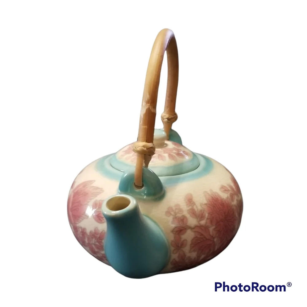 Vintage Pier 1 Imports Ceramic Teapot Pink & Blue W Removable Bamboo Handle